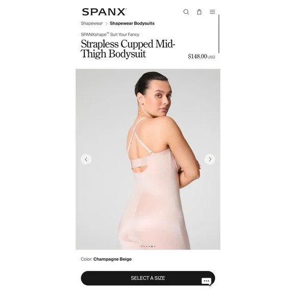 Spanx Suit Your Fancy Strapless Cupped Mid-Thigh Bodysuit Champagne L 10156R NWT - Picture 8 of 12